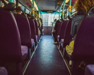Interior of a passenger bus with rows of seats