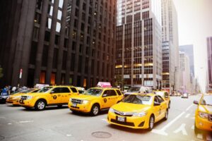 Cabs on a busy city street