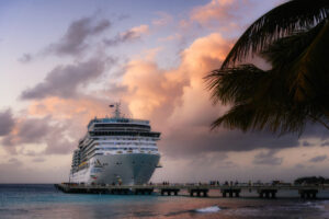 Cruise ship docked at a tropical harbour